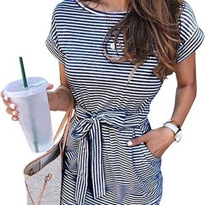 Navy blue striped casual dress with pockets